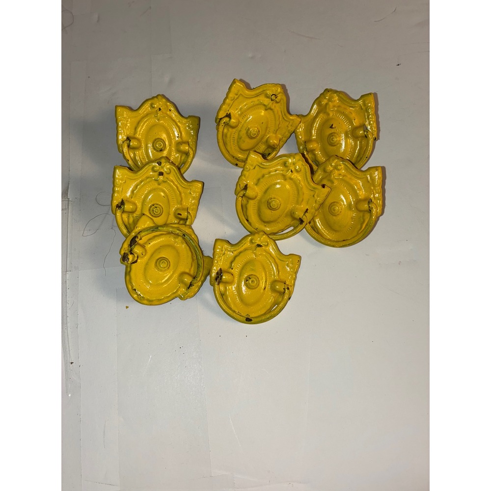 8 Vintage French Provincial Brass Tone Bail Drawer Pulls Yellow Painted READ
